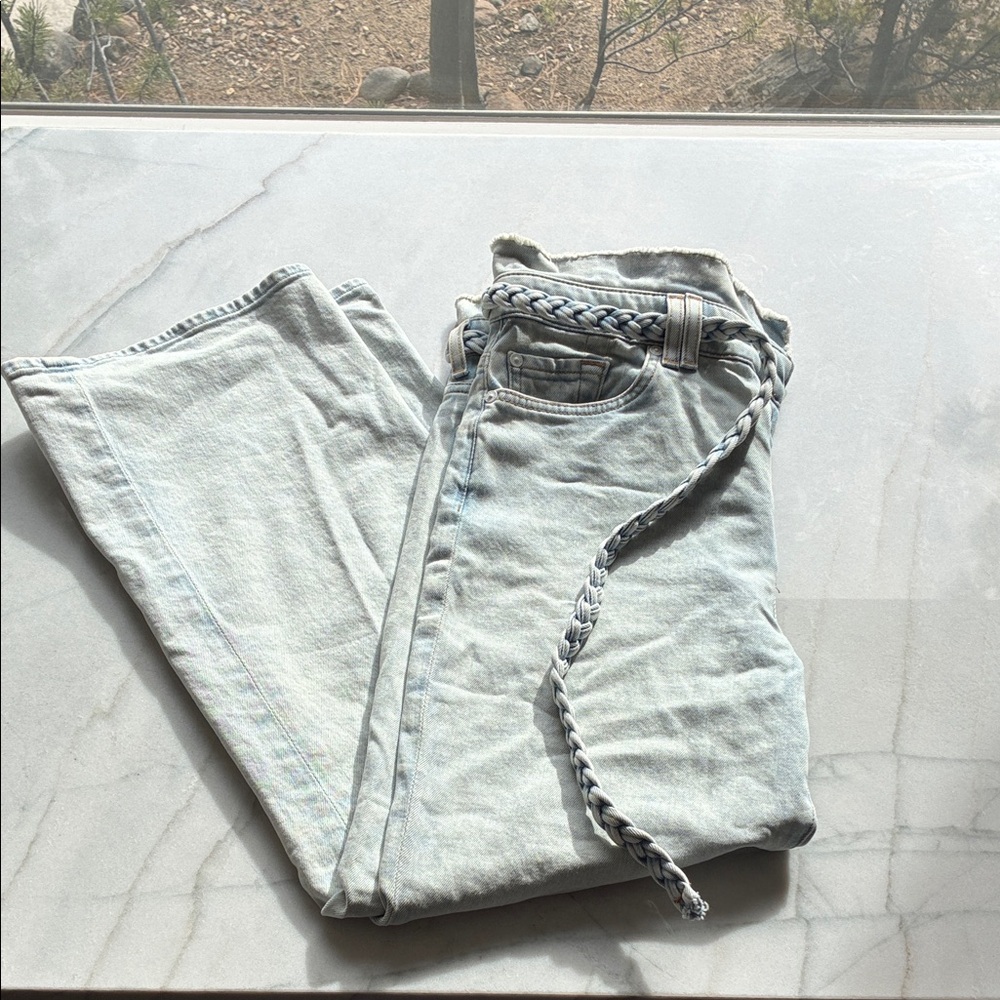 7 For All Mankind High Rise Wide Leg Paper Bag Jeans with Braided Belt.